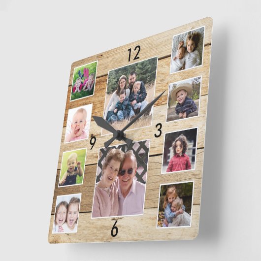 Create Your Own 10 Photo Collage Natural Wood Vierkante Klok (Hoek)