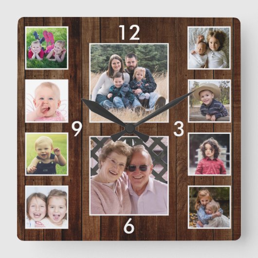 Create Your Own 10 Photo Collage Pallet Wood Vierkante Klok (Voorkant)
