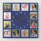 Create Your Own 12 Family Photo Collage Blue Vierkante Klok (Voorkant)