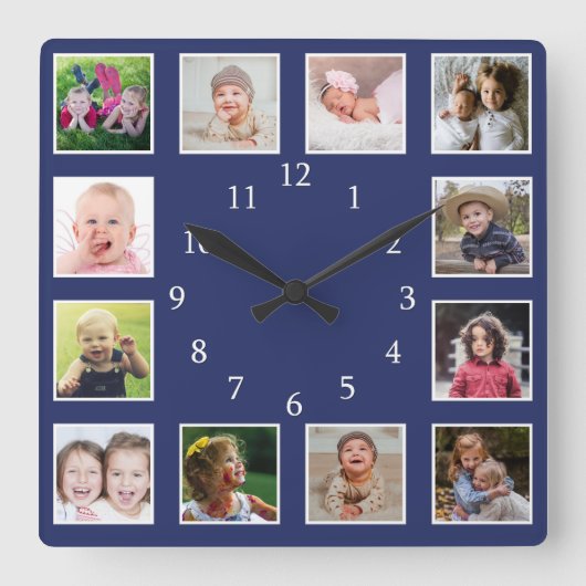 Create Your Own 12 Family Photo Collage Blue Vierkante Klok (Voorkant)