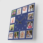 Create Your Own 12 Family Photo Collage Blue Vierkante Klok (Hoek)