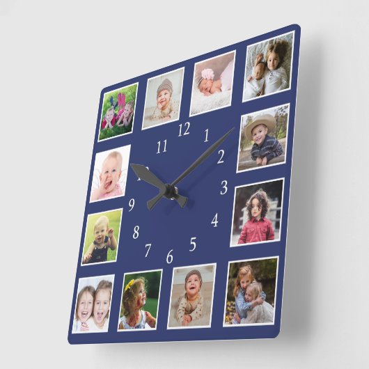 Create Your Own 12 Family Photo Collage Blue Vierkante Klok (Hoek)