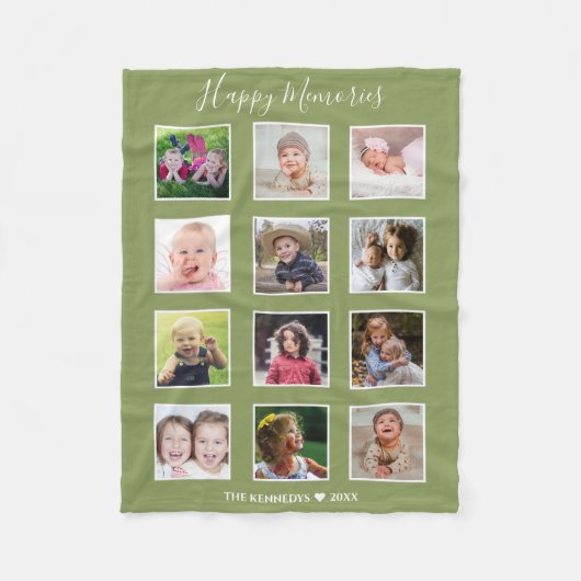 Create Your Own 12 Family Photo Collage Green   Fleece Deken (Voorkant)