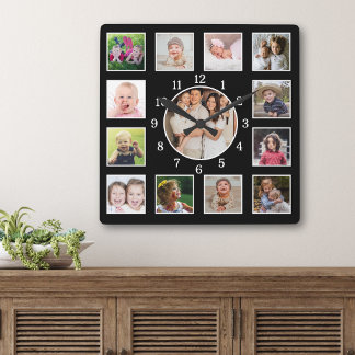Create Your Own 13 Family Photo Collage Black Vierkante Klok