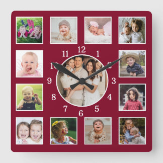 Create Your Own 13 Family Photo Collage Burgundy Vierkante Klok