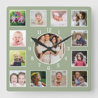Create Your Own 13 Family Photo Collage Sage Green Vierkante Klok