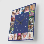 Create Your Own 16 Family Photo Collage Blue Vierkante Klok (Hoek)