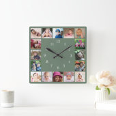 Create Your Own 16 Family Photo Collage Green Vierkante Klok (Huis)