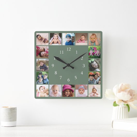 Create Your Own 16 Family Photo Collage  Green  Vierkante Klok (Huis)