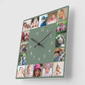 Create Your Own 16 Family Photo Collage Green Vierkante Klok (Hoek)