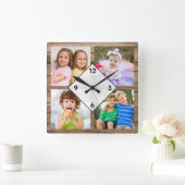 Create Your Own 4 Photo Collage Rustic Wood Vierkante Klok (Huis)