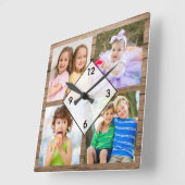 Create Your Own 4 Photo Collage Rustic Wood Vierkante Klok (Hoek)