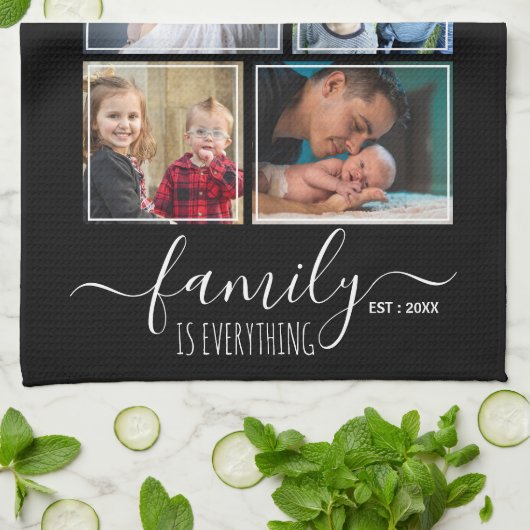Create Your Own 5 Photo Collage Family Name Black Theedoek (Gevouwen)