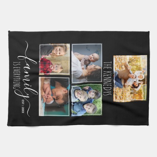 Create Your Own 5 Photo Collage Family Name Black Theedoek (Horizontaal)