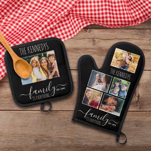 Create Your Own 6 Photo Collage Family Name Black Ovenwant & Pannenlap Set