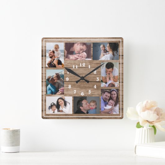Create Your Own 8 Photo Collage Rustic Wood   Vierkante Klok (Huis)
