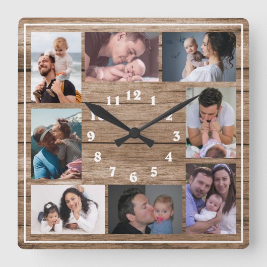 Create Your Own 8 Photo Collage Rustic Wood   Vierkante Klok (Voorkant)