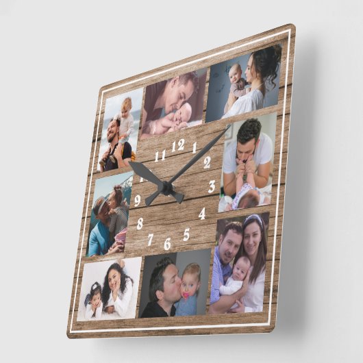Create Your Own 8 Photo Collage Rustic Wood   Vierkante Klok (Hoek)