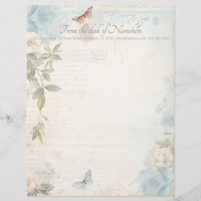 Create Your Own Blue Shabby Chic Buttefly Roses Briefhoofd (Voorkant)