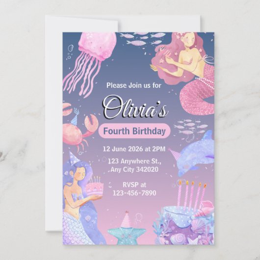 Create your own Custom Girls Mermaid Birthday Kaart (Voorkant)