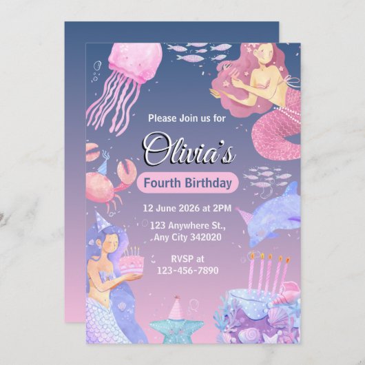 Create your own Custom Girls Mermaid Birthday Kaart (Voorkant / Achterkant)