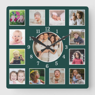 Create Your Own Deep Forest Green 13 Photo Collage Vierkante Klok