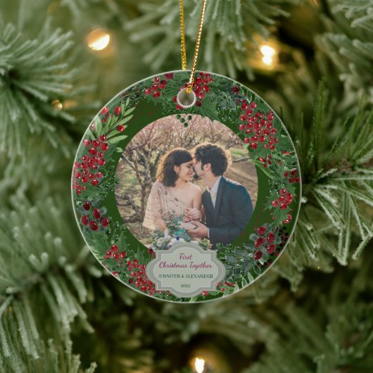 Create your own First Christmas Together photo Keramisch Ornament (Boom)