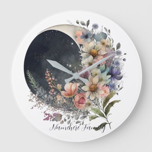 Create Your Own Midnight Floral Crescent Moon Grote Klok (Voorkant)