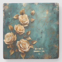 Create Your Own Teal & Golden Peach Roses Floral Stenen Onderzetter