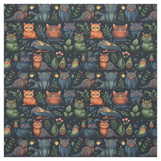 Create Your Own Wild Goblin Cats Birds Black Stof (Swatch)