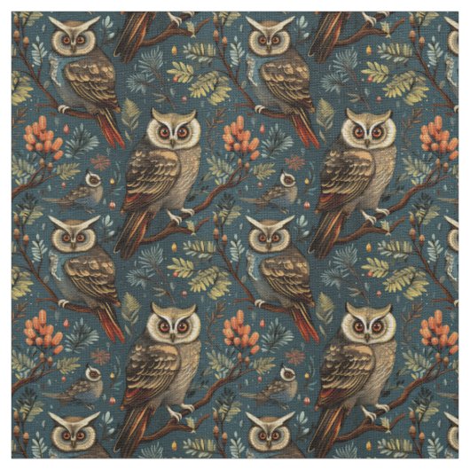 Create Your Own Winter Brown Owls Berries Blue Stof (Swatch)