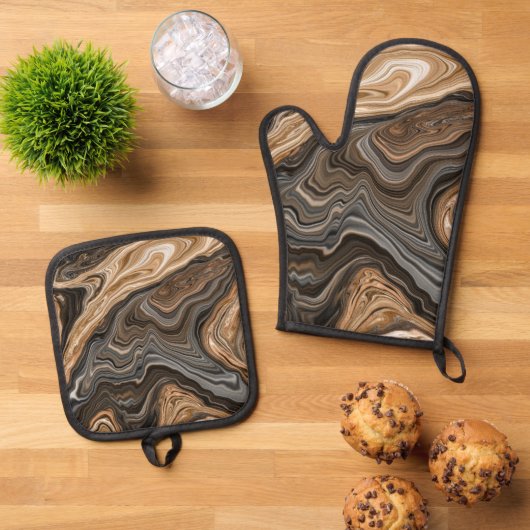 Creatie van vloeibaar ontwerp ovenwant & pannenlap set (Top down)