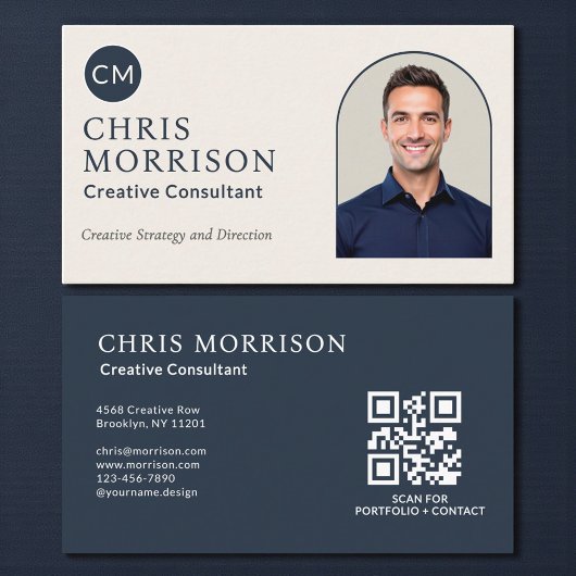 Creatief adviseur foto QR-code navyblauw Visitekaartje