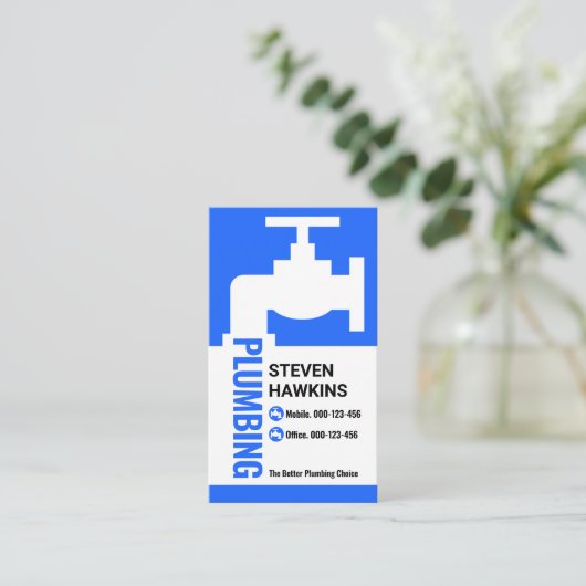 Creatief blauw kraan sanitair lek visitekaartje (Staand voorkant)