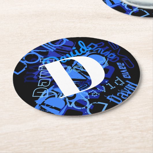 Creatief Blauw Monogram Ronde Kartonnen Onderzetter (Gebogen)