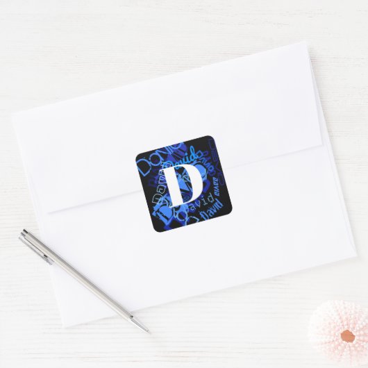 Creatief Blauw Monogram Vierkante Sticker (Envelop)