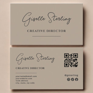 Creatief Directeur Neutraal Taupe Script QR Code Visitekaartje