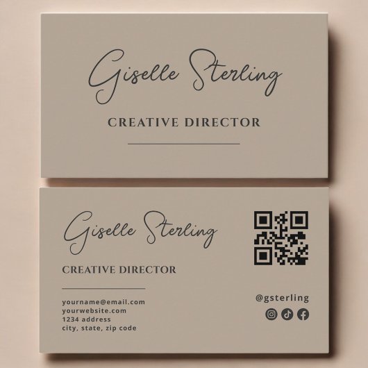 Creatief Directeur Neutraal Taupe Script QR Code Visitekaartje