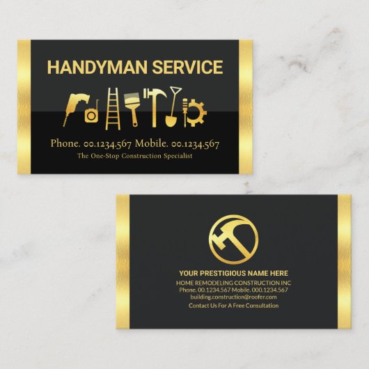 Creatief Handyman gereedschap met gouden strepen Visitekaartje (Voorkant / Achterkant)