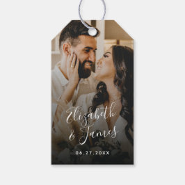 Creatief huwdag gastboek idee met koppel foto cadeaulabel