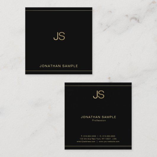 Creatief Monogram Elegant Zwart Goud Luxe Zijde Vierkante Visitekaartje (Voorkant / Achterkant)