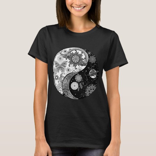 Creatief Zwart wit Yin Yang Nachtdag Mandala T-shirt (Voorkant)