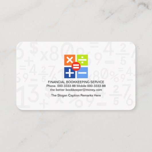 Creatieve boekhoudingnummersymbolen visitekaartje (Achterkant)