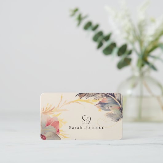 Creatieve Boheemse bloemen & veren met monogram Visitekaartje (Staand voorkant)