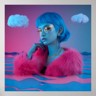 Creatieve collage meisje in roze bontjas poster