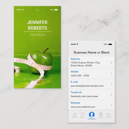 Creatieve en unieke diëtitititische voedingsdeskun visitekaartje (Voorkant / Achterkant)