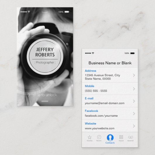 Creatieve iPhone iOS-stijl - Moderne fotograaf Visitekaartje (Voorkant / Achterkant)