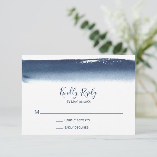 Creatieve Navy Blue Waterverf Modern Wedding RSVP Kaartje (Staand voorkant)