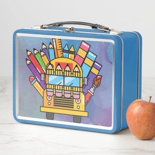 Creatieve schoolbus gemaakt van schoolbenodigdhede (In situ)