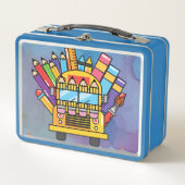 Creatieve schoolbus gemaakt van schoolbenodigdhede (Voorkant)